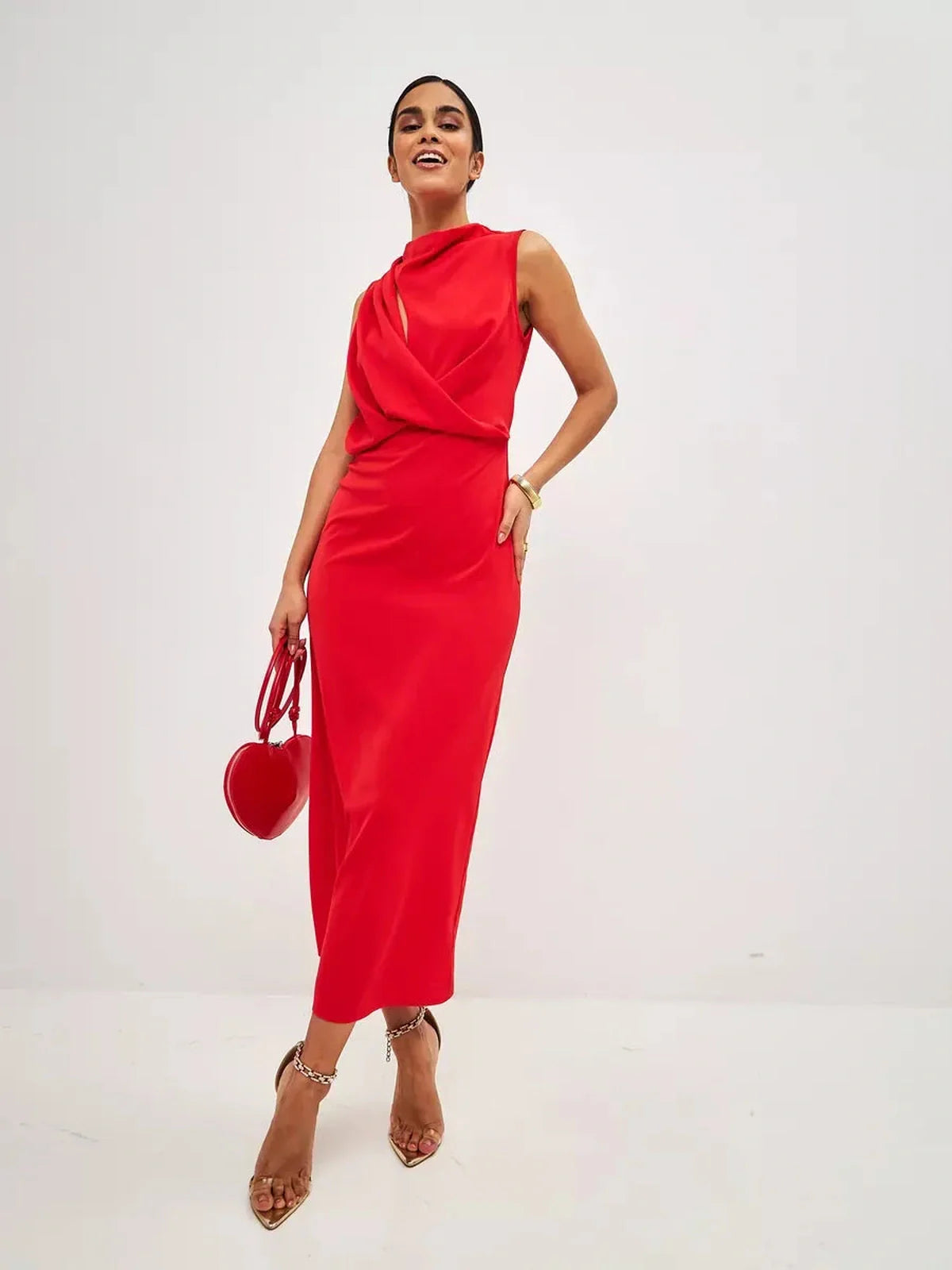 Elegant Red Drape Maxi Dress featuring a stylish draped silhouette, ideal for formal events and wedding guest attire.