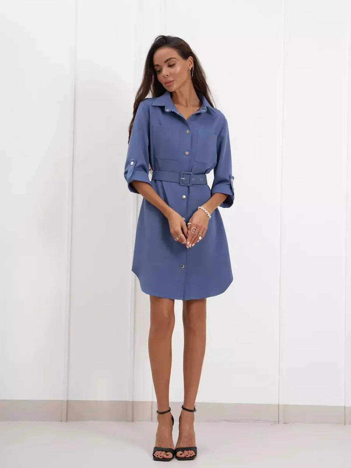 Indigo Ease refined button-up mini dress with belt, perfect for summer events and weddings.