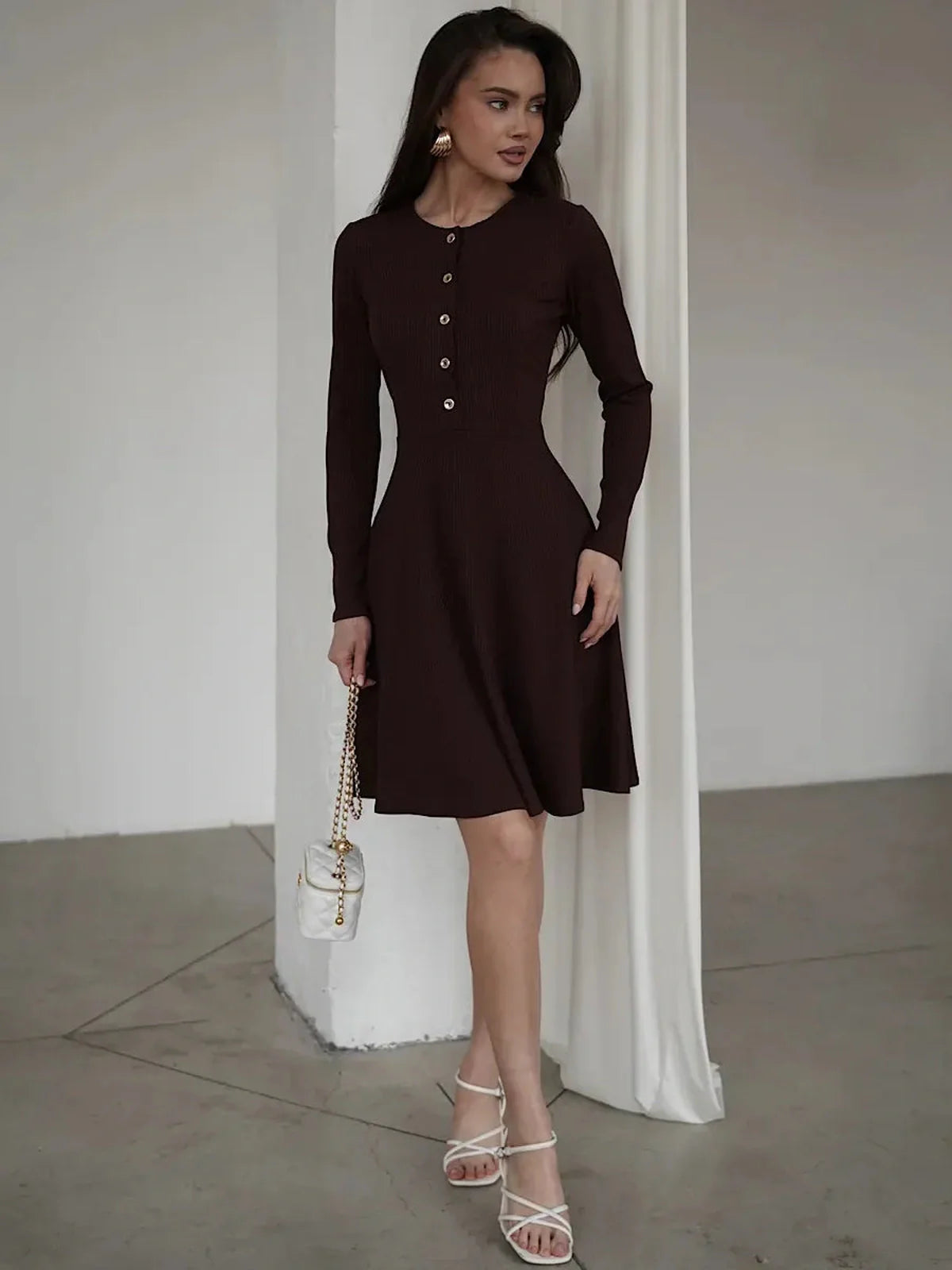 Elegant mocha mini dress with flared silhouette and long sleeves, perfect for weddings or formal occasions.