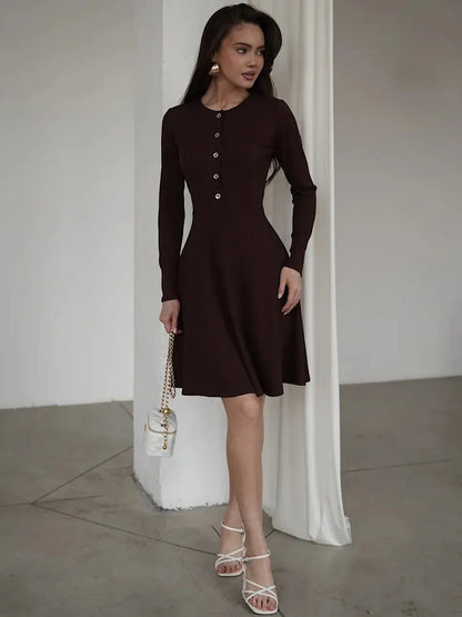 Elegant mocha mini dress with flared silhouette and long sleeves, perfect for weddings or formal occasions.