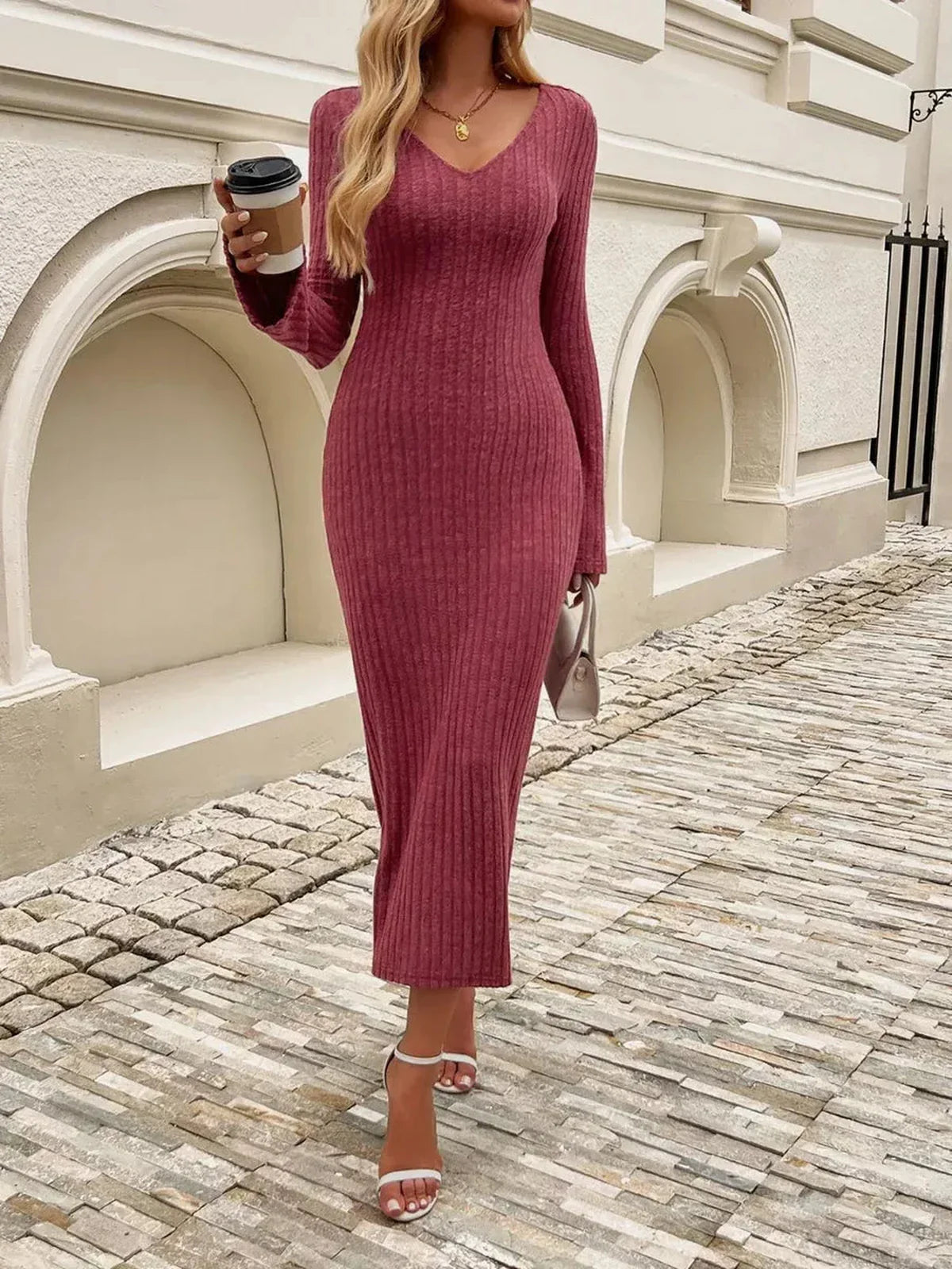 Chestnut Charm Midi Dress in ribbed knit with bell sleeves, perfect for weddings or casual outings, styled with a cup of coffee.