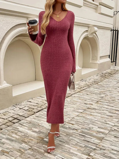 Chestnut Charm Midi Dress in ribbed knit with bell sleeves, perfect for weddings or casual outings, styled with a cup of coffee.