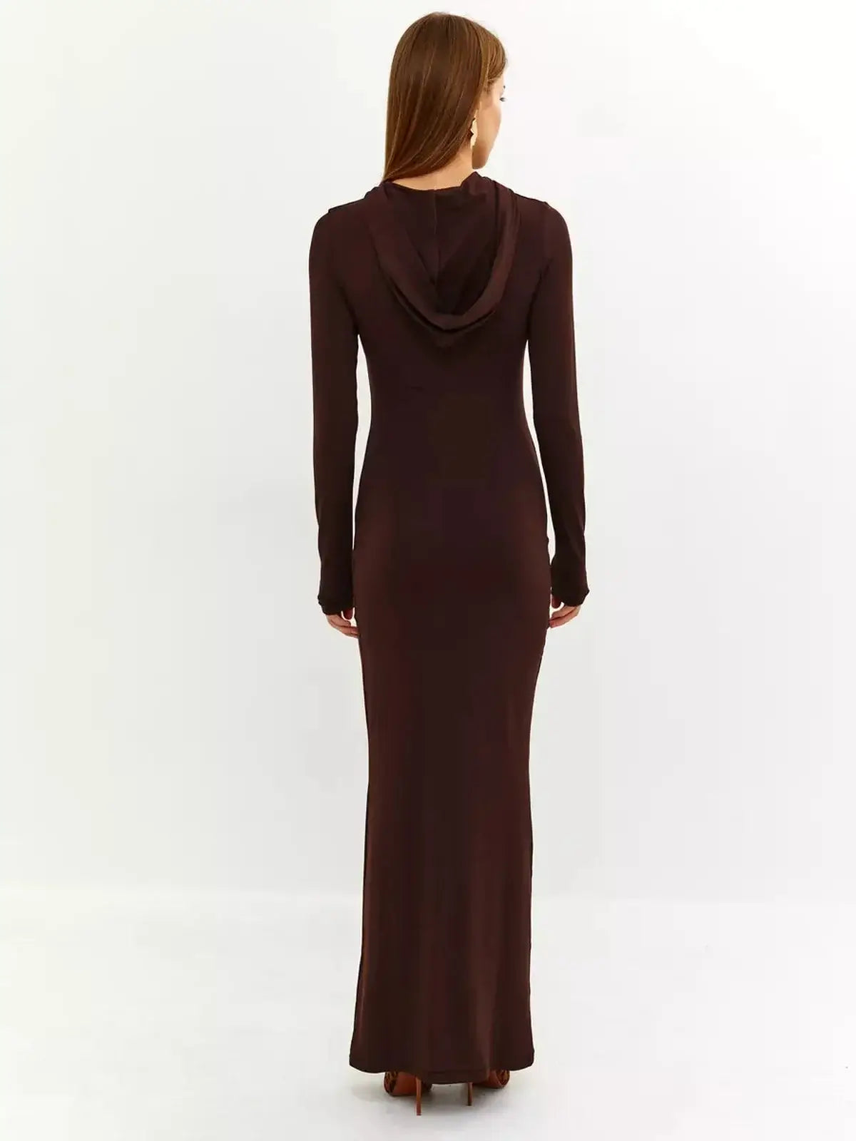 Back view of the Sculpt Maxi Dress in rich chocolate, showcasing its hooded design and sleek long silhouette.