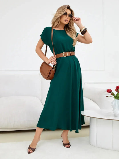 Emerald Aura Maxi Dress, lightweight summer dress with a cinched waist and elegant side slit, perfect for weddings and casual outings.