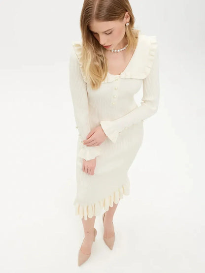 Elegant Pearl Ruffle Midi Dress featuring a flounce collar, pearl buttons, and delicate ruffles, ideal for weddings and special occasions.