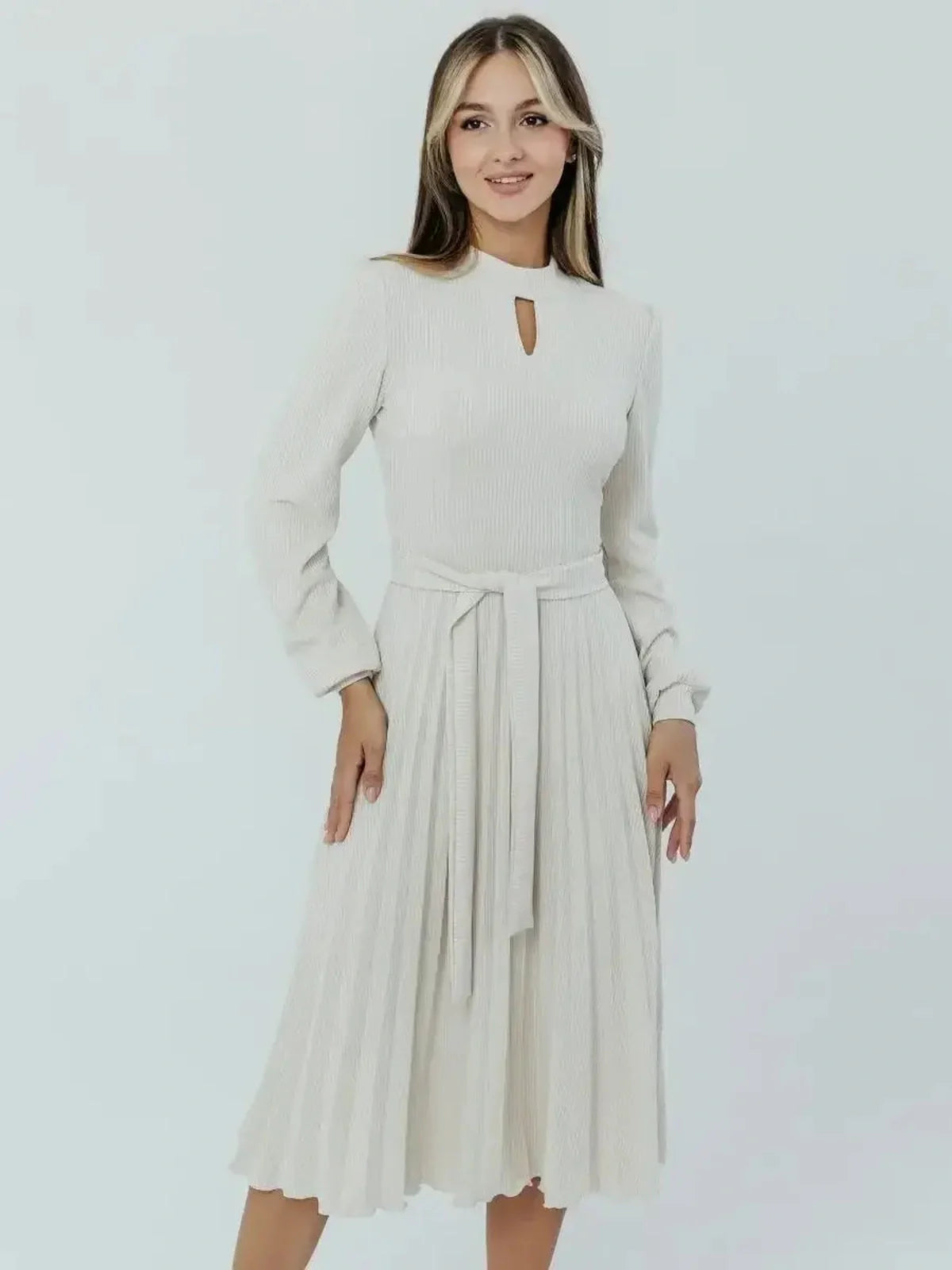Grace Pleat Midi Dress in white with a keyhole neckline, showcasing a flared pleated skirt for elegant women's clothing.