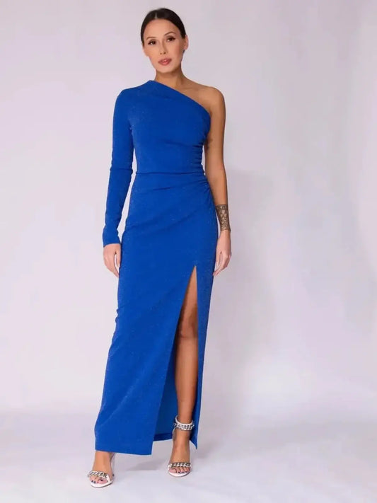 Sapphire Curve Maxi Dress featuring a one-shoulder design, thigh-high slit, and elegant electric blue fabric.