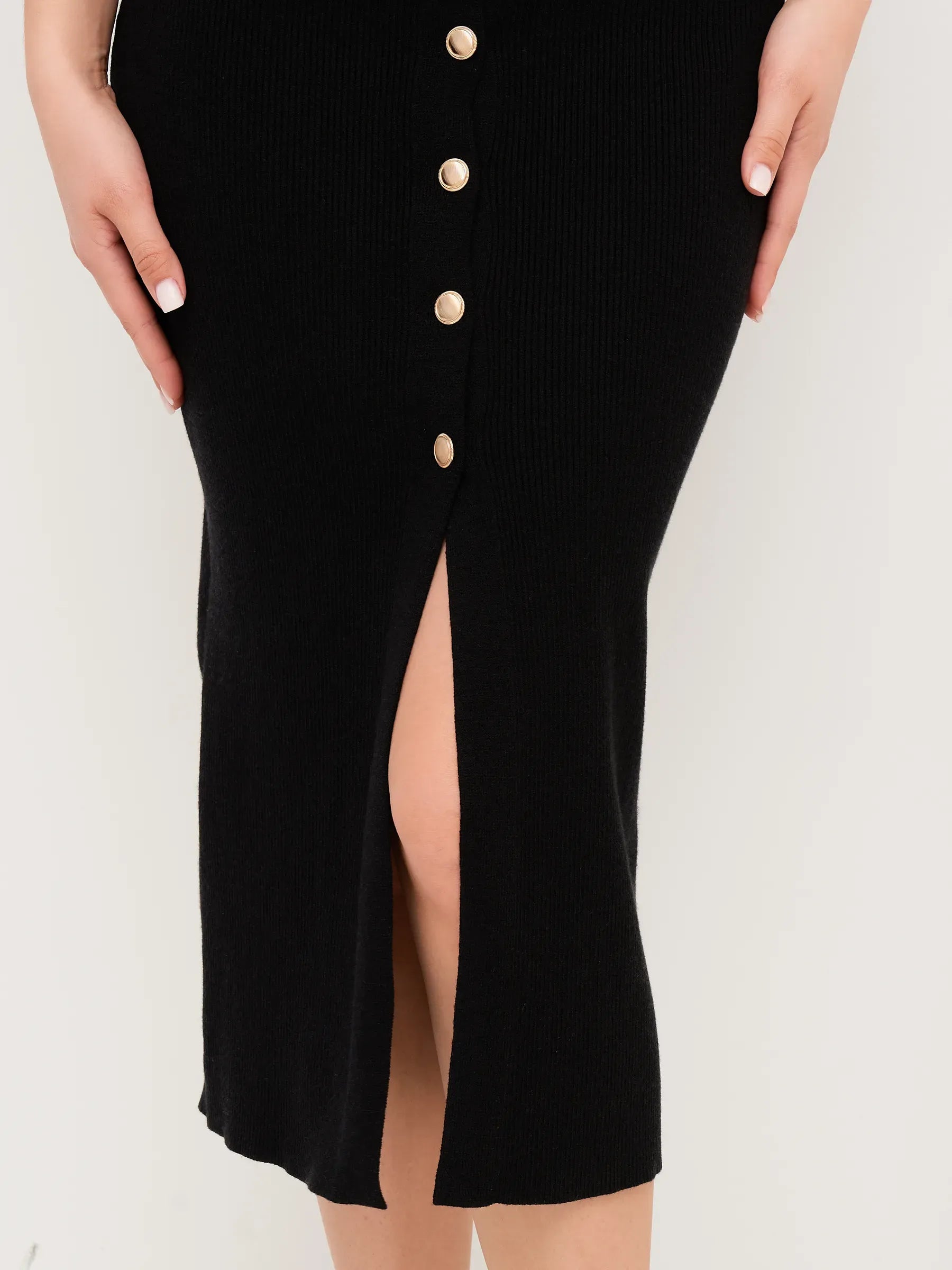 Close-up of Sculpted Grace Midi Dress showing gold buttons and a stylish slit, ideal for summer dresses and formal wear.