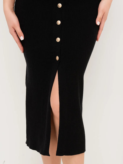 Close-up of Sculpted Grace Midi Dress showing gold buttons and a stylish slit, ideal for summer dresses and formal wear.