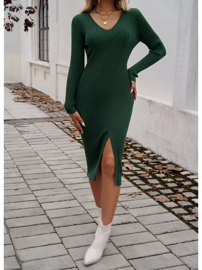 Green ribbed Verona Midi Dress with front slit, perfect for wedding guest and cocktail attire.