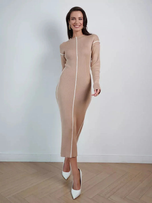 Sculpted Line Midi Dress in soft beige, showcasing refined simplicity and elegant silhouette for versatile occasions.