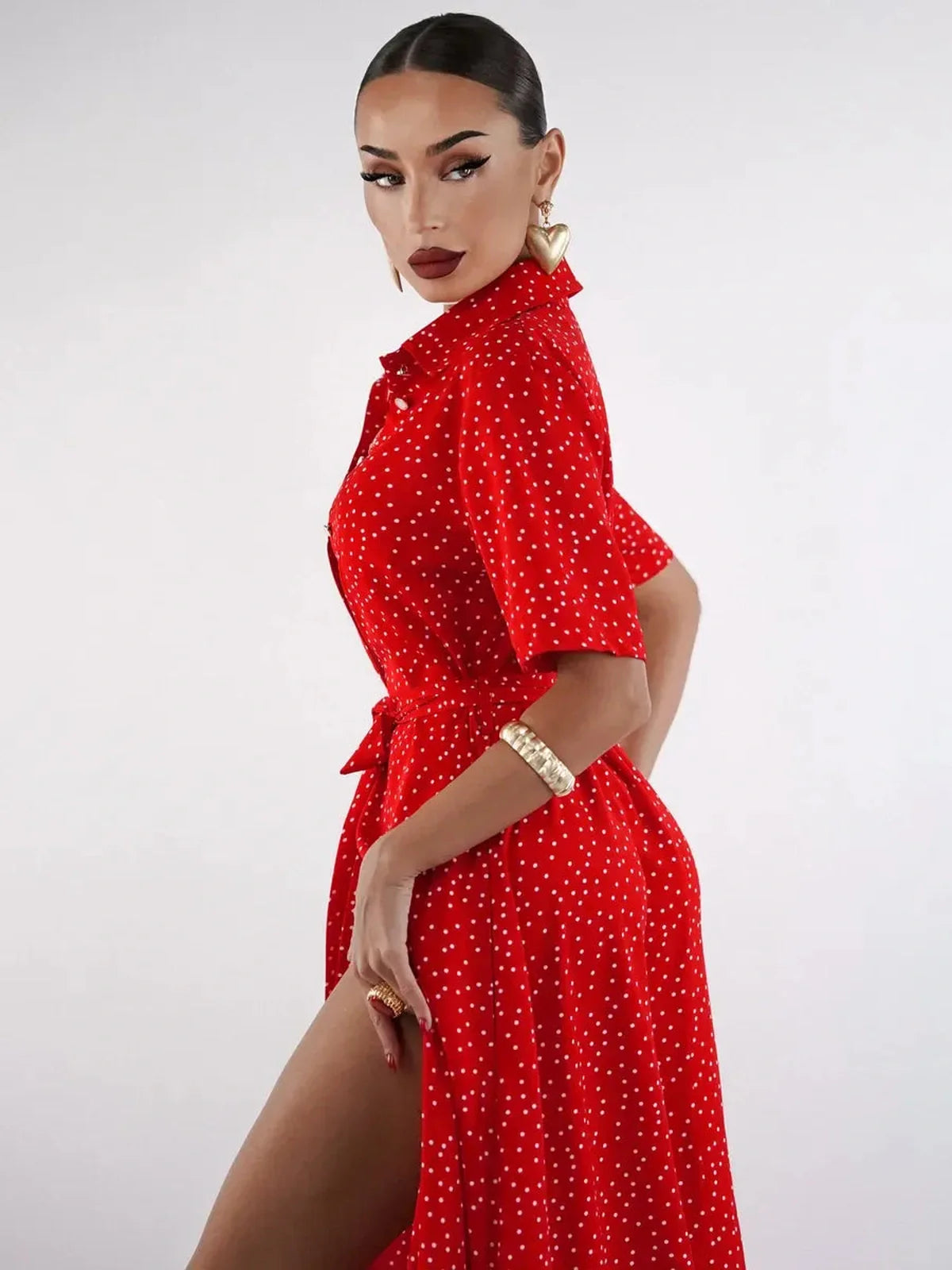 Scarlet Dot Midi Dress featuring playful polka dots, a V-neckline, and flowing silhouette, ideal for summer events.
