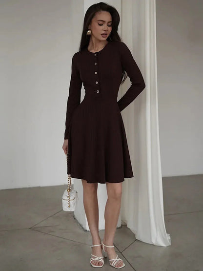 Elegant mocha mini dress with long sleeves and a flared silhouette, perfect for weddings or casual outings.