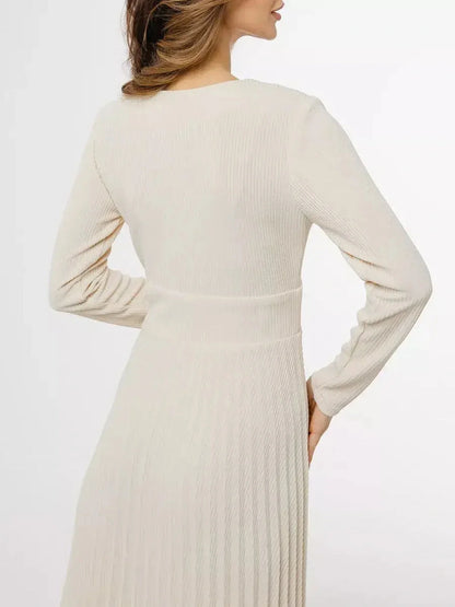 Back view of the Ivory Grace Midi Dress, showcasing its pleated design and tailored silhouette.