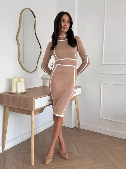 Chic Outline Midi Dress in soft sand with white trim, perfect for weddings, graduations, or cocktail events.