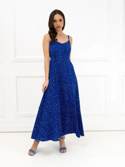 Celeste Maxi Dress in electric blue with polka dots, lightweight fabric, perfect for summer weddings and special occasions.