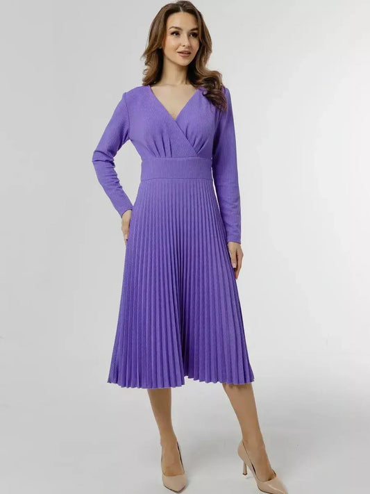 Luxe Pleated Midi Dress in violet with V-neck, long sleeves, and pleated skirt, perfect for weddings or formal events.