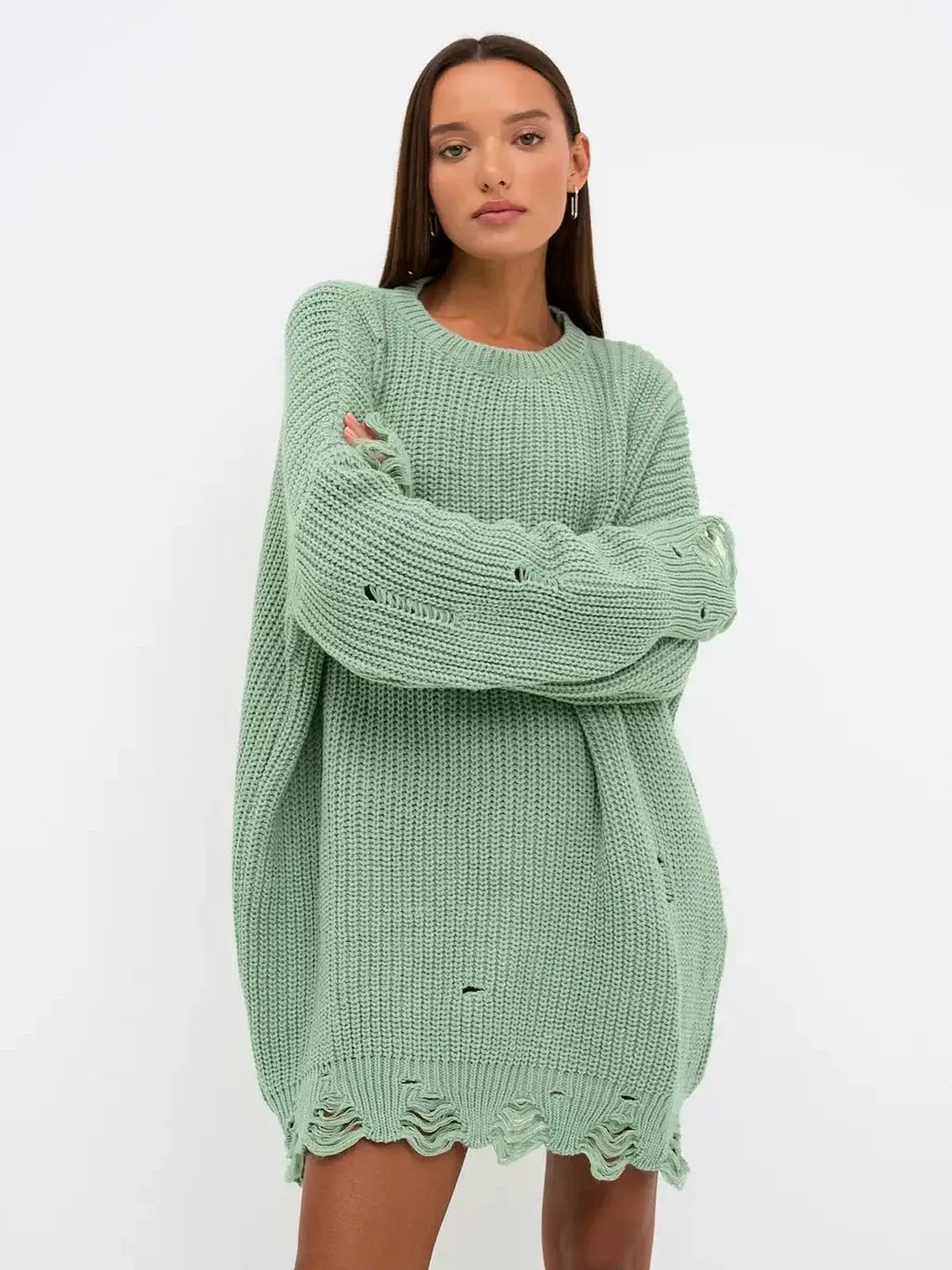 Frost Knit Mini in soft mint green, oversized chunky knit sweater dress with distressed details for a stylish look.