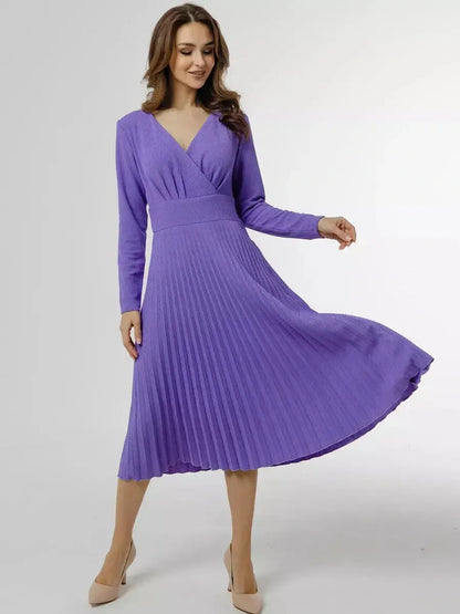 Elegant Luxe Pleated Midi Dress in rich violet, featuring a flattering V-neck and flowing pleated skirt for women.