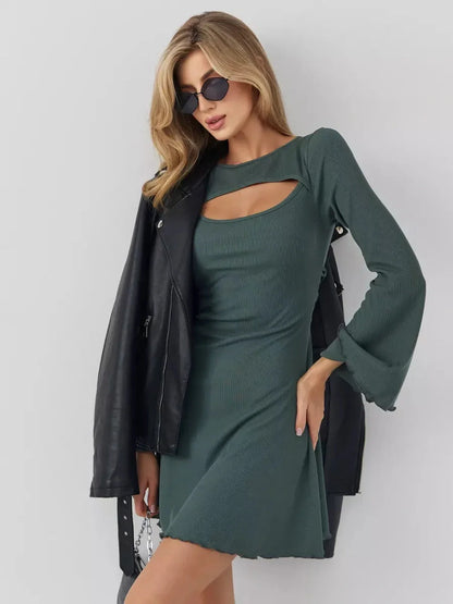Dark olive mini dress with a cut-out neckline, bell sleeves, and a stylish leather jacket for a chic look.