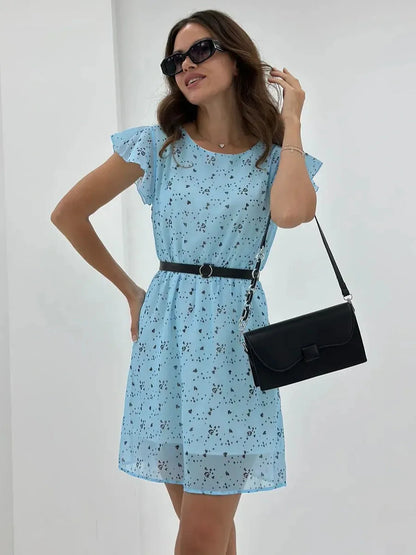 Sky Bloom Mini Dress in light blue, featuring flutter sleeves, cinched waist, and black belt, perfect for summer occasions.