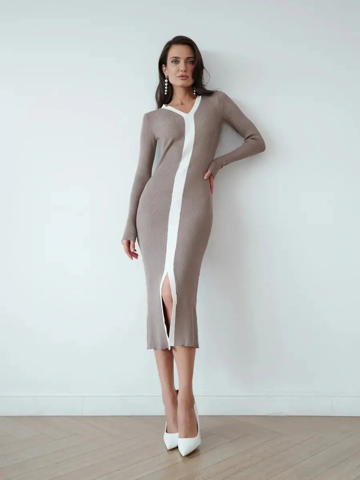 Contour Curve Midi Dress in cappuccino tone with front slit, ribbed knit, and elegant V-neckline for stylish women.