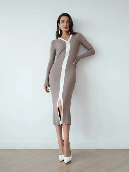 Contour Curve Midi Dress in cappuccino tone with front slit, ribbed knit, and elegant V-neckline for stylish women.