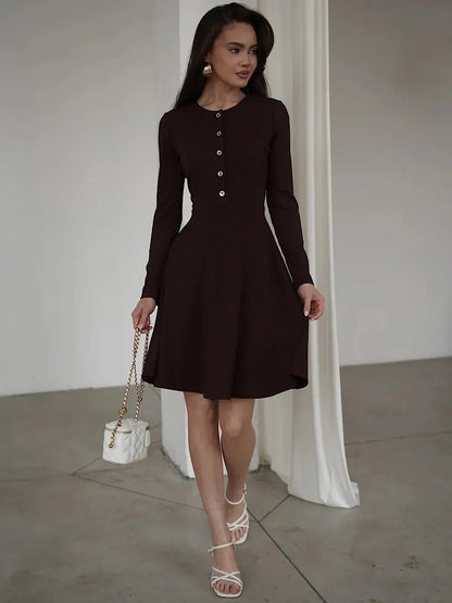 Mocha Grace mini dress with long sleeves and button details, perfect for casual and formal occasions.