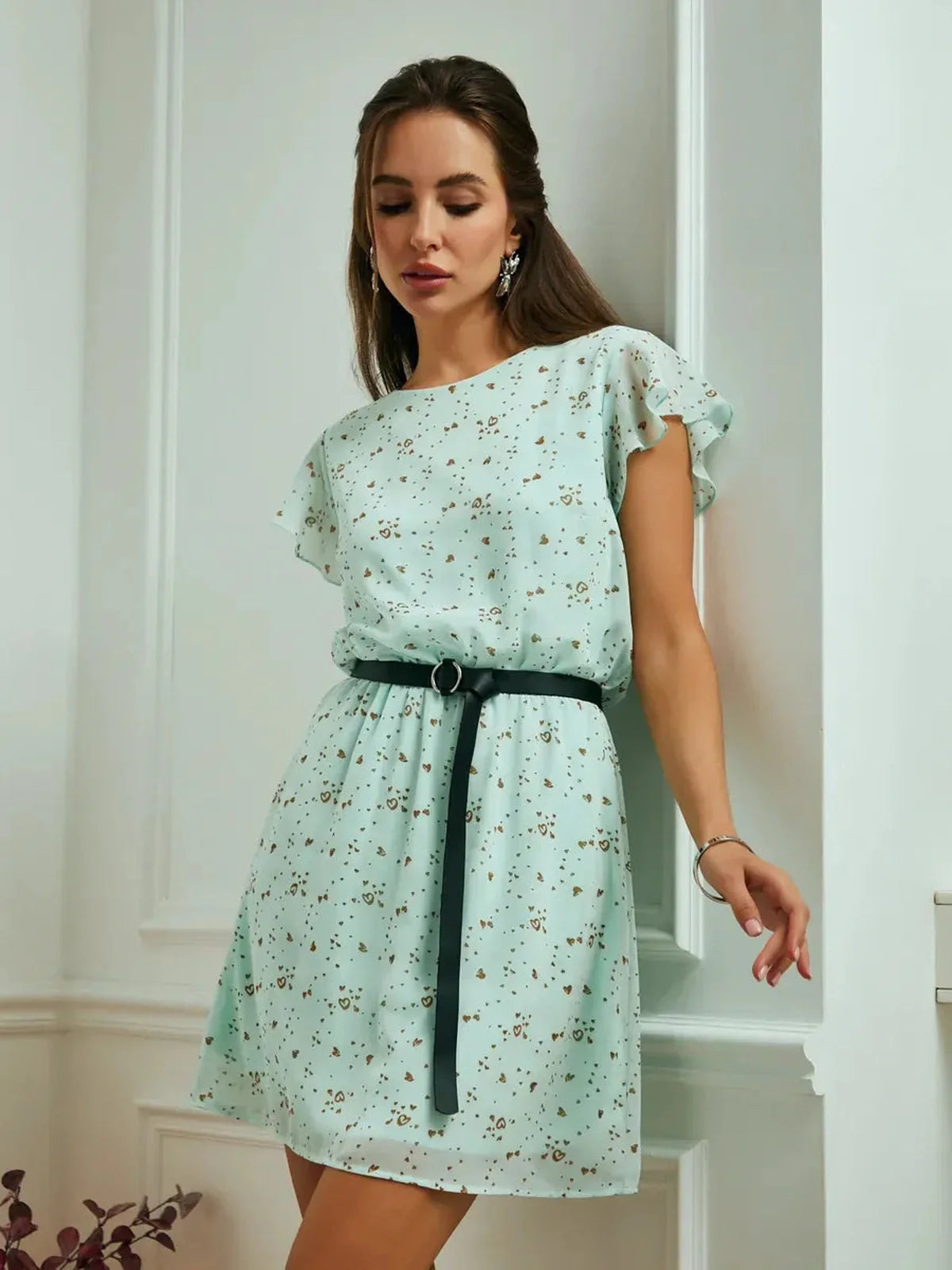 Mint Glow Mini Dress in delicate chiffon with flutter sleeves and belt, perfect for summer weddings and casual outings.