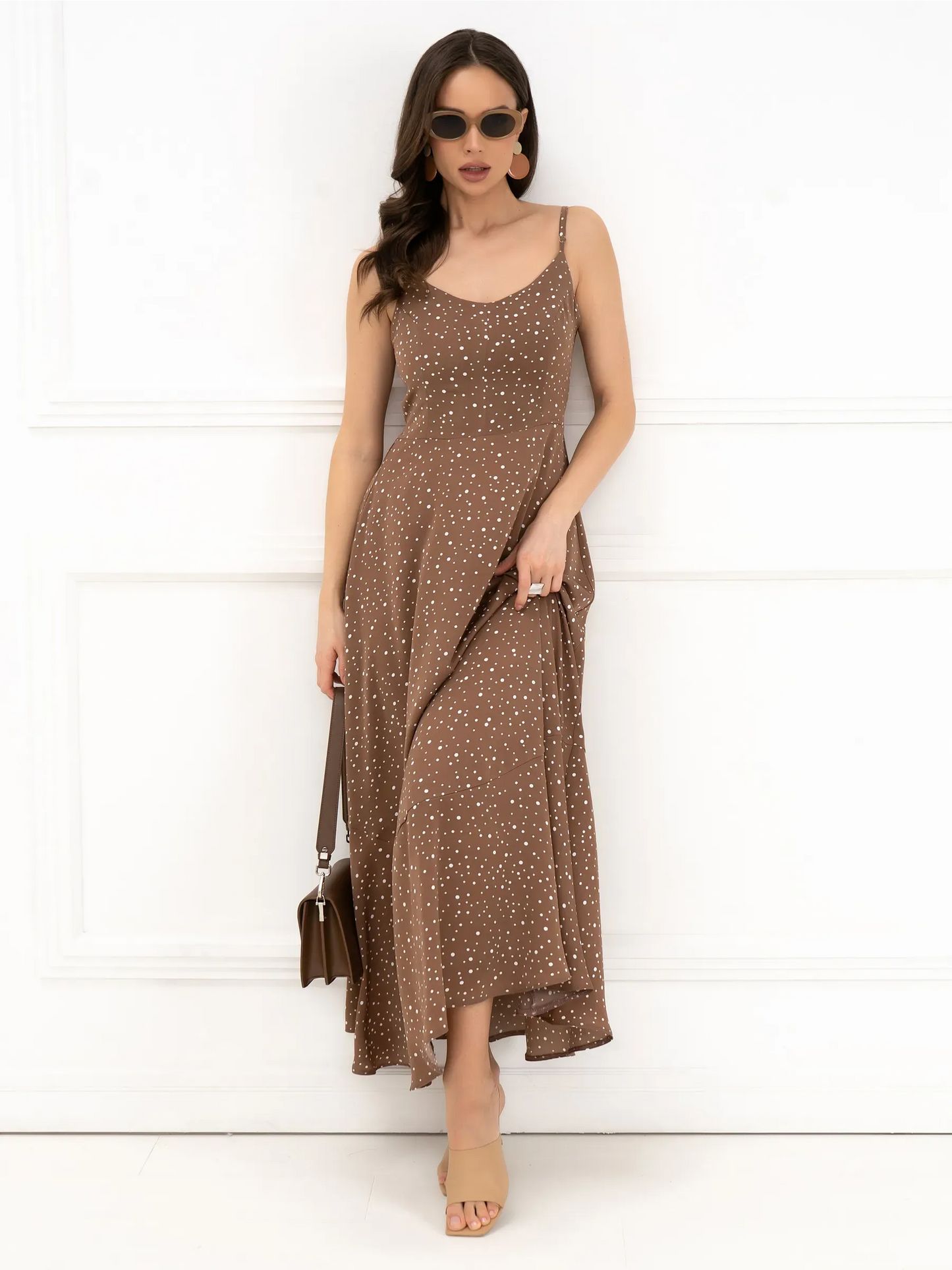Polka Bow Maxi Dress featuring a stylish brown polka dot design, perfect for summer occasions and casual outings.