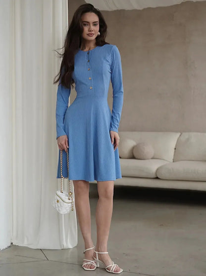 Skyline Muse mini dress in sky blue, featuring long sleeves, button placket, and a flattering A-line silhouette.