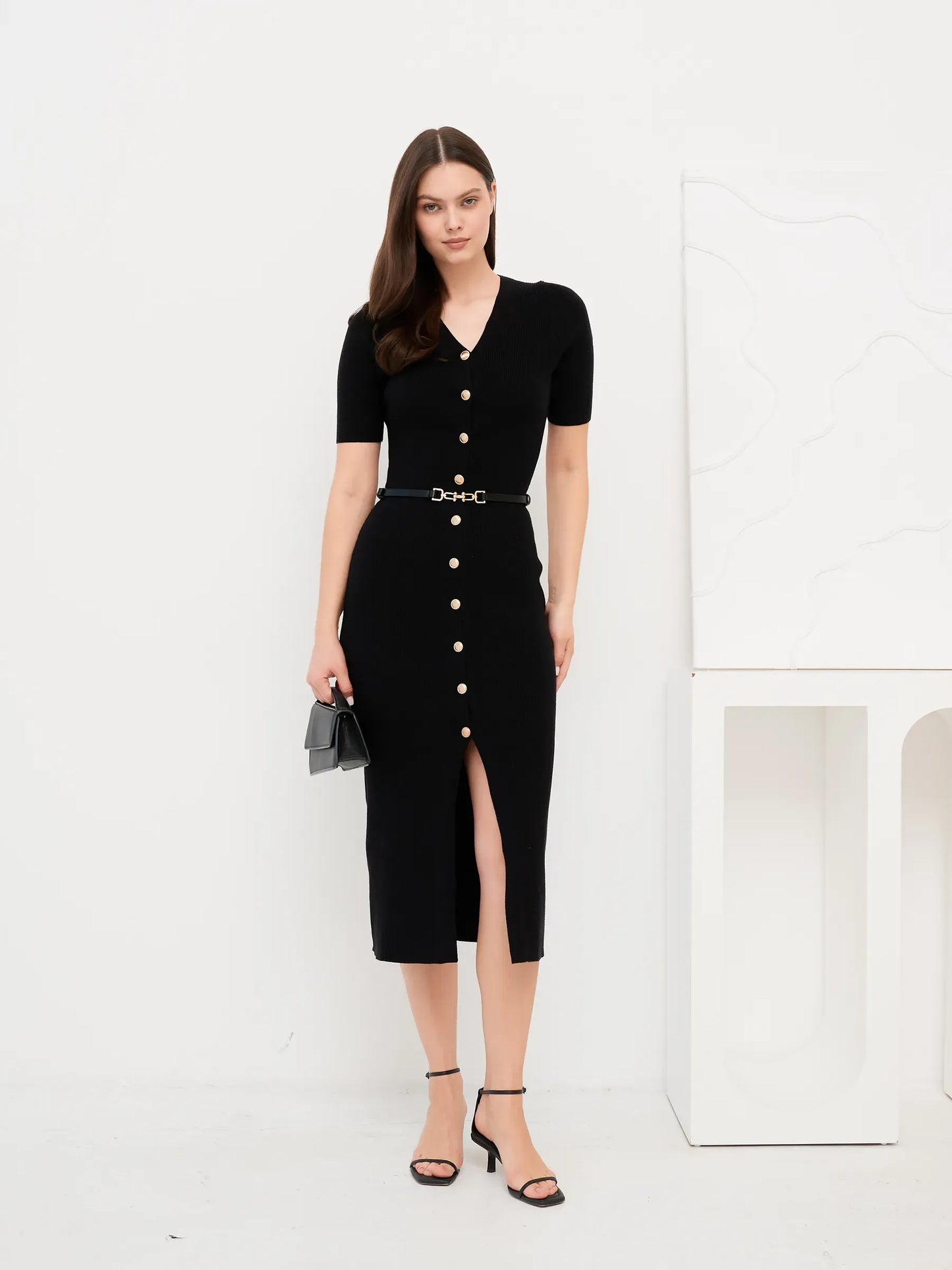 Sculpted Grace Midi Dress in black with gold buttons, perfect for weddings, parties, and formal events.