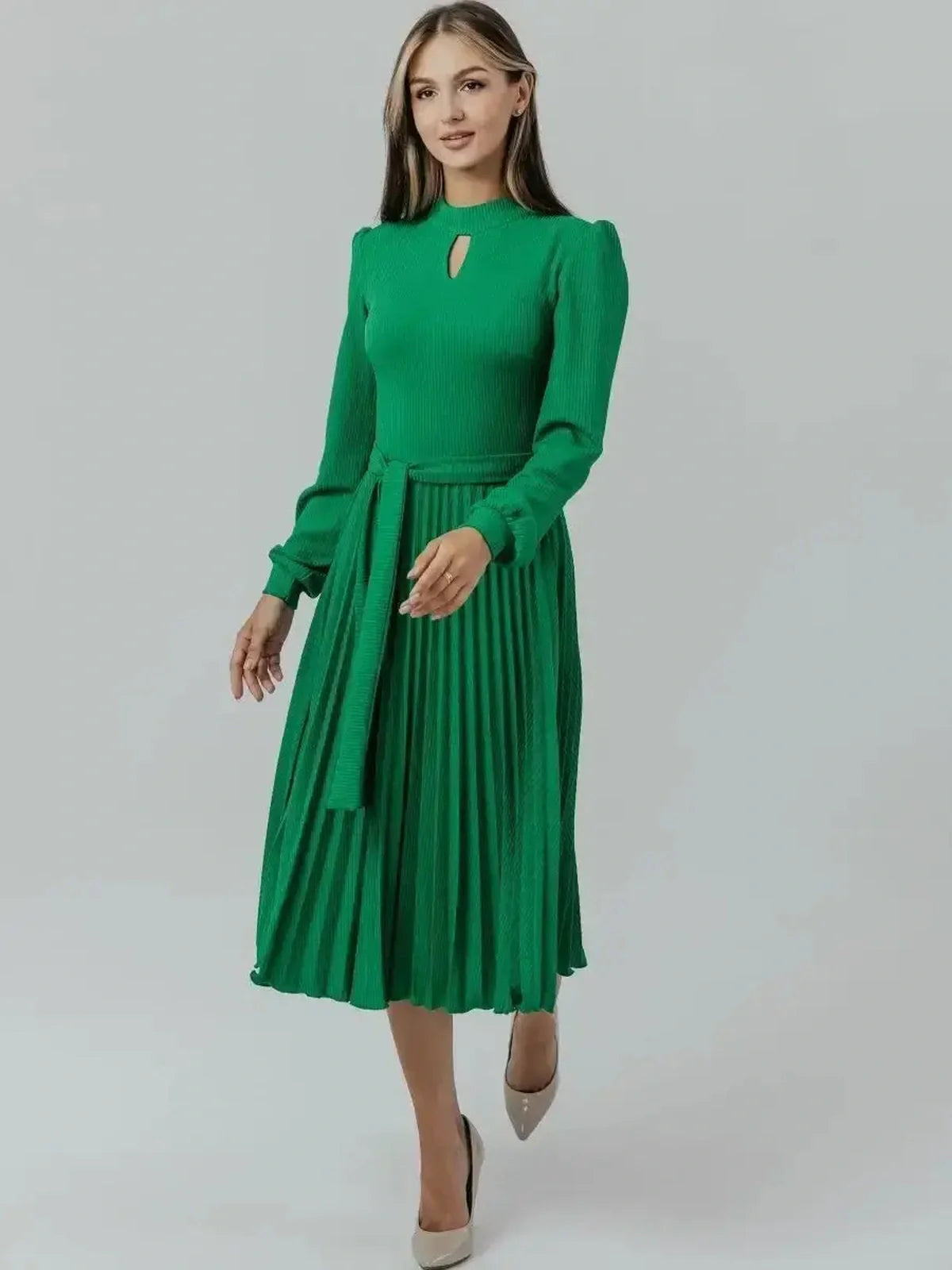 Verde Grace Midi Dress in emerald green, featuring elegant pleats and a modern stand collar, ideal for weddings and formal events.