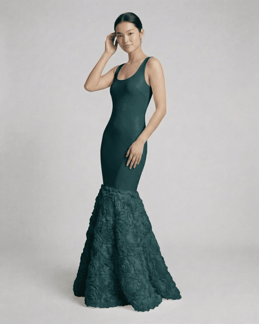 Verdeux Maxi Dress by Slimona - Sleeveless teal maxi with textured rosette hem for an elegant evening look.