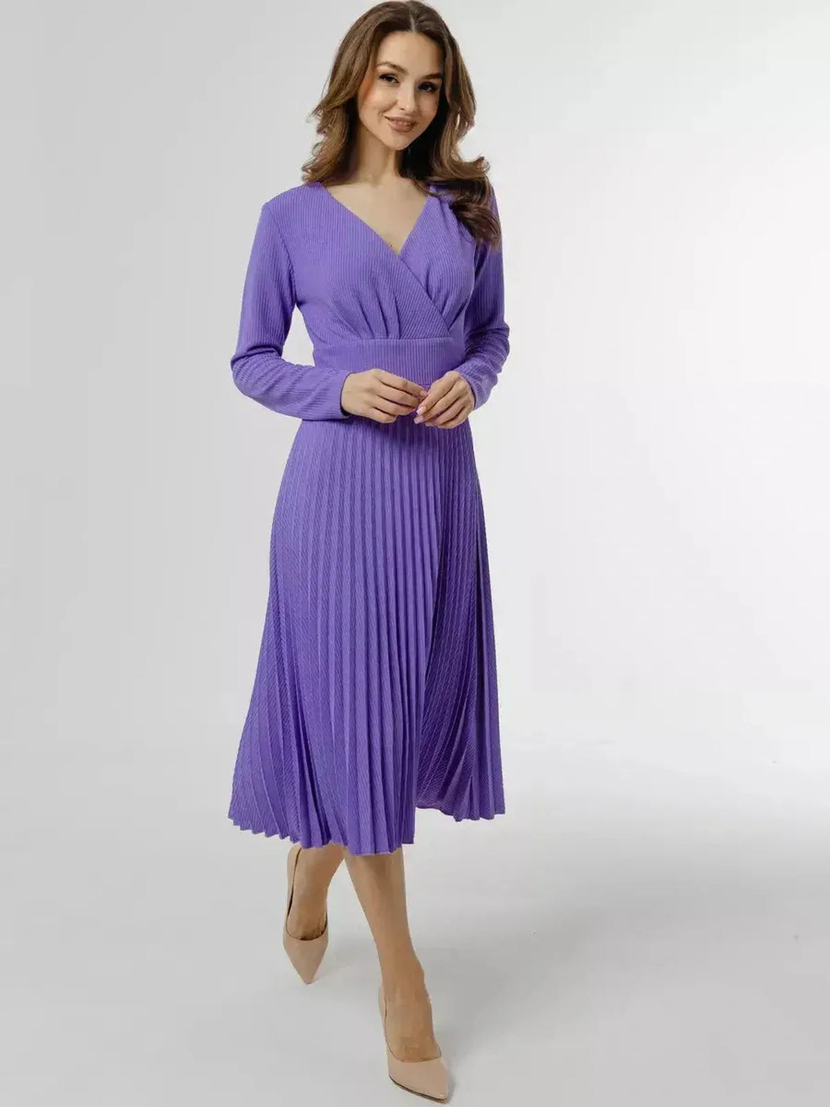 Luxe Pleated Midi Dress in rich violet, featuring a V-neck and long sleeves, perfect for formal occasions or weddings.