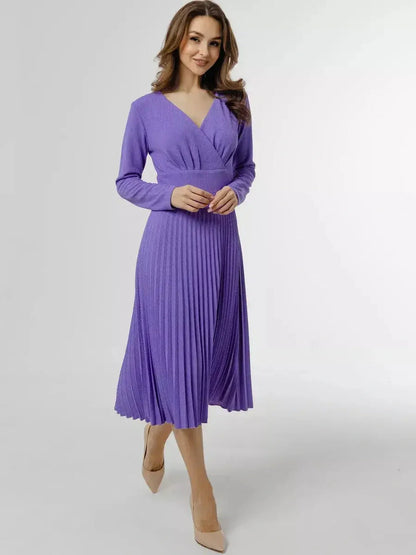 Luxe Pleated Midi Dress in rich violet, featuring a V-neck and long sleeves, perfect for formal occasions or weddings.