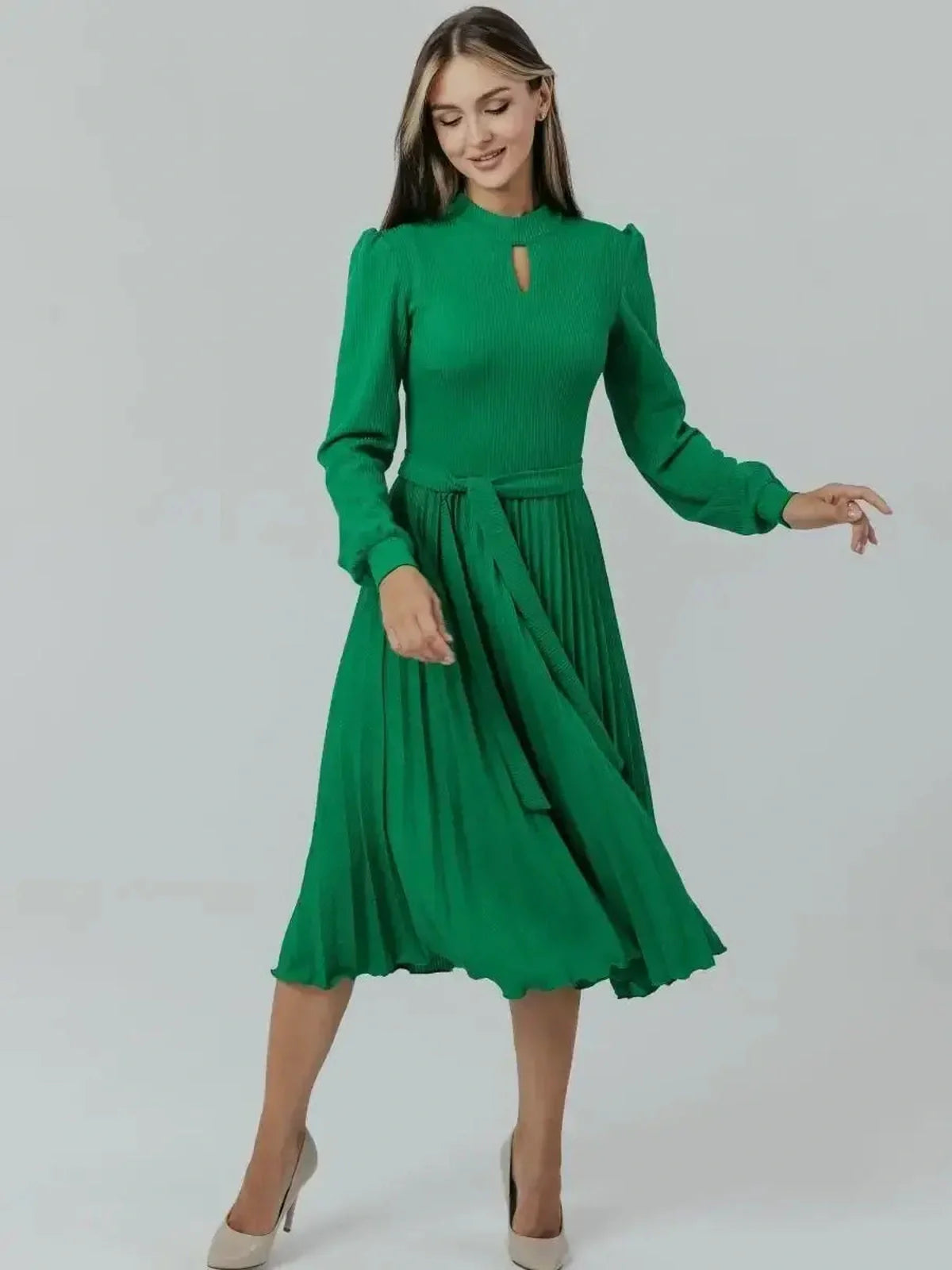 Verde Grace Midi Dress in emerald green with pleats and a stand collar, perfect for wedding guest or formal occasions.