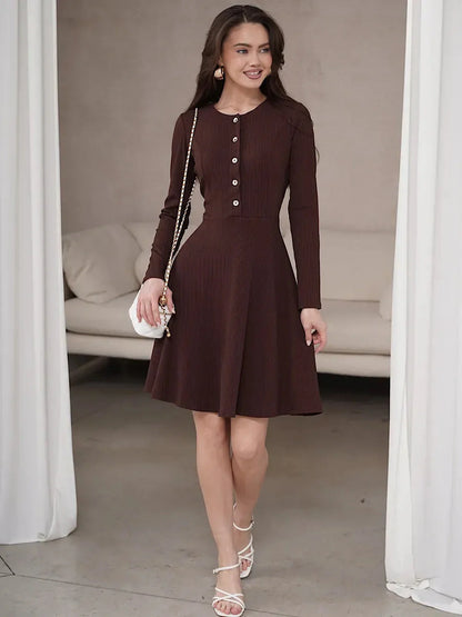 Mocha Grace mini dress with long sleeves and button details, perfect for weddings, parties, and casual outings.