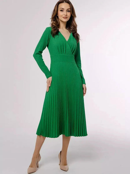 Emerald Grace Midi Dress featuring a pleated design, long sleeves, and a flattering V-neckline, perfect for events.
