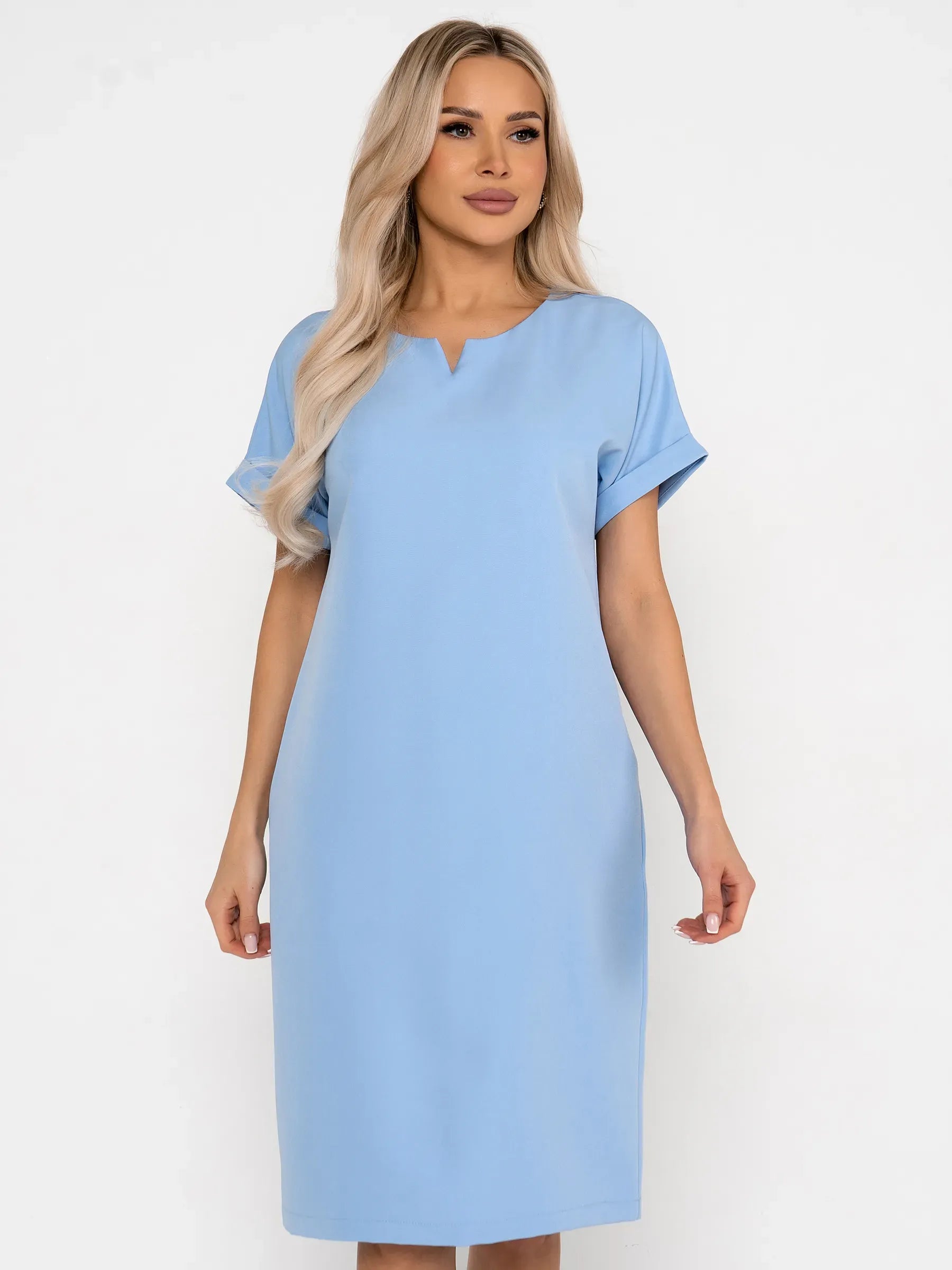 Soft Sky light blue mini dress with rolled sleeves and V-notch neckline, perfect for summer or casual occasions.