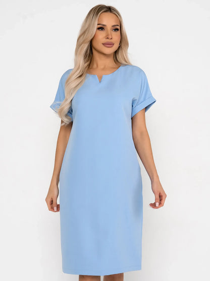Soft Sky light blue mini dress with rolled sleeves and V-notch neckline, perfect for summer or casual occasions.