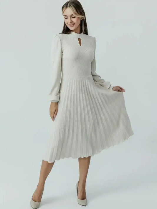 Elegant Grace Pleat Midi Dress in white, featuring flared pleated skirt and modern keyhole neckline, perfect for weddings and formal events.