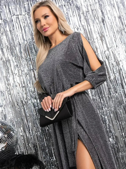 Stylish woman in Luna Shine Midi Dress with shimmering silver fabric and side slit, perfect for evening events.