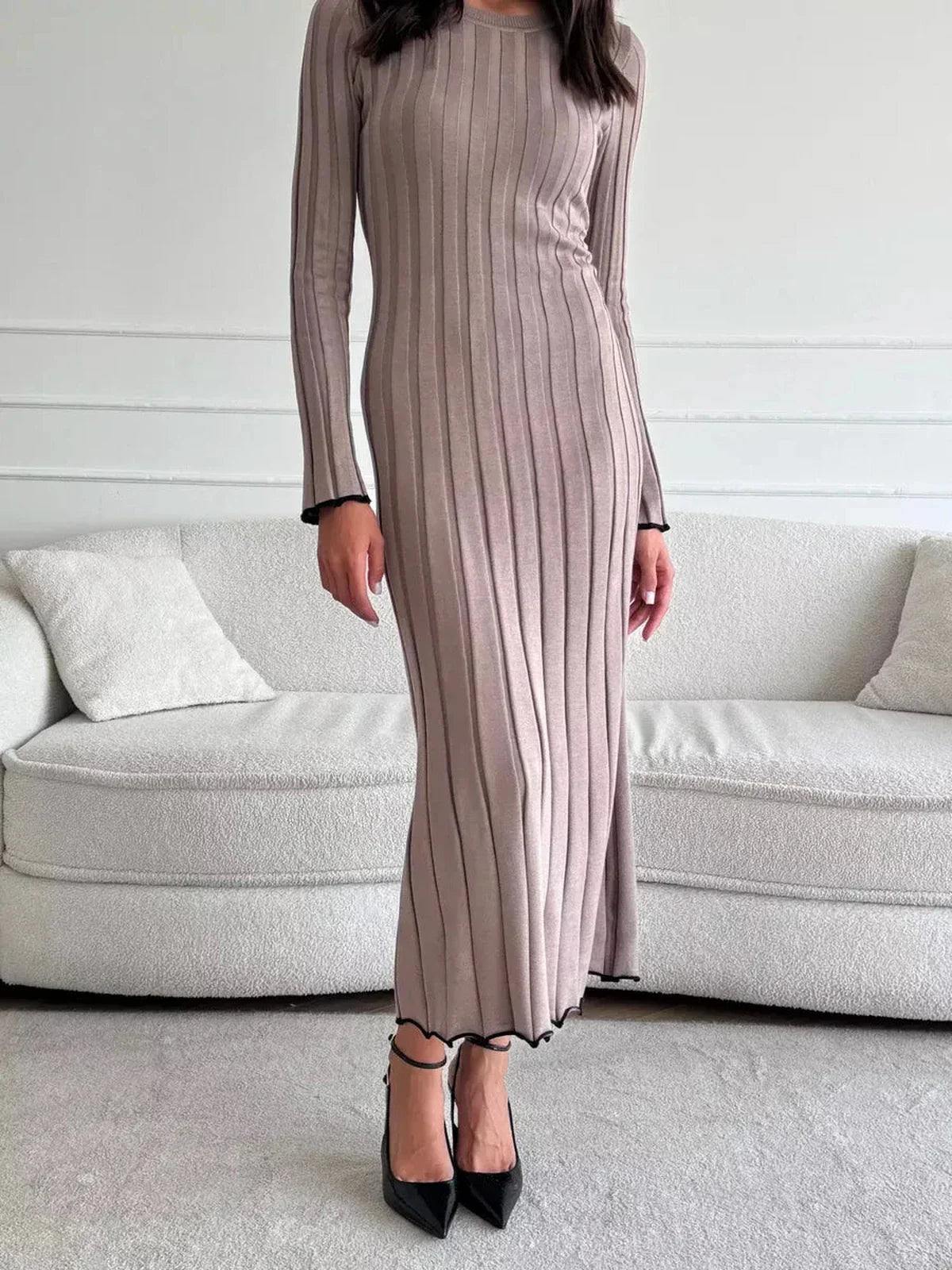 Contour Maxi Dress in soft ribbed knit with full-length silhouette, perfect for weddings or special occasions.