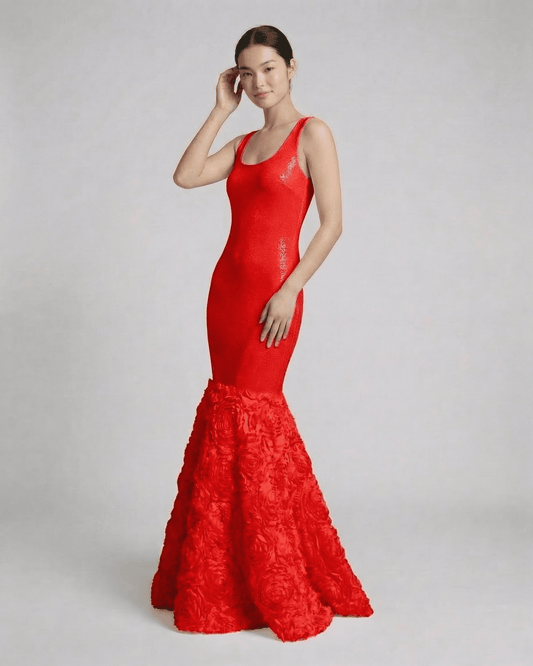 Scarletia Maxi Dress by Slimona - Sleek red dress with textured rosette hem, showcasing elegant silhouette.
