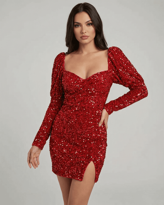 Celeste Mini Dress by Slimona featuring a dazzling red sequin finish and long sleeves, perfect for elegant occasions.