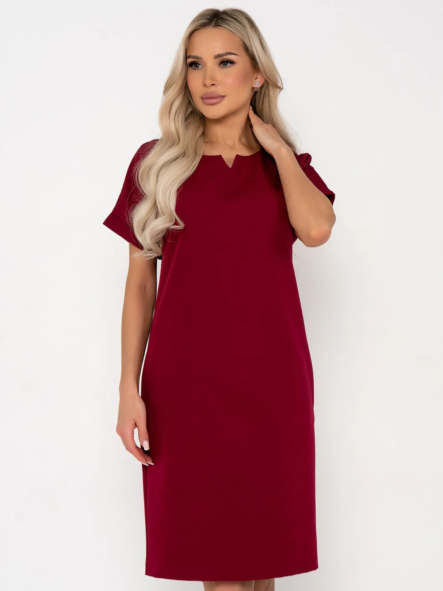 Elegant crimson mini dress with short sleeves and notched neckline, perfect for weddings and formal occasions.
