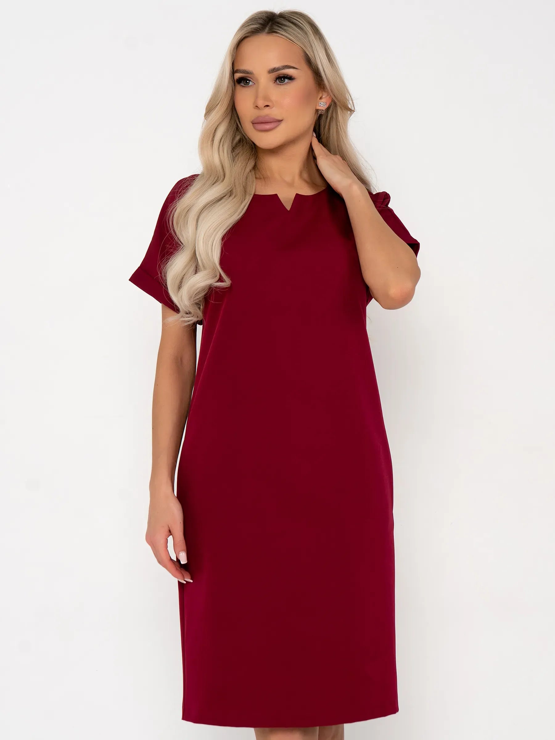 Elegant crimson mini dress with short sleeves and notched neckline, perfect for weddings and formal occasions.