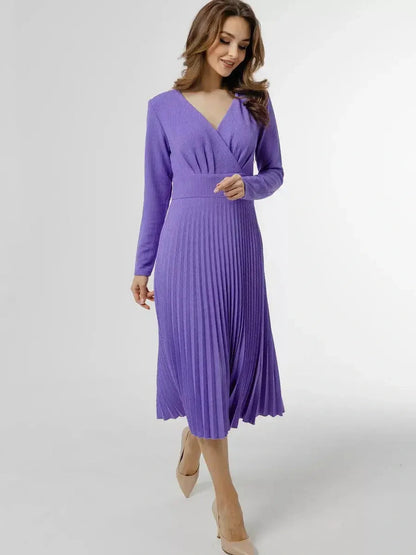 Luxe Pleated Midi Dress in rich violet, featuring a flattering V-neck and flowing pleated skirt, perfect for elegant occasions.