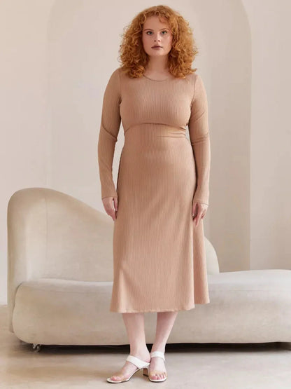 Laced Elegance Midi Dress in rib-knit fabric featuring long sleeves and a cinched waist, perfect for weddings and formal events.